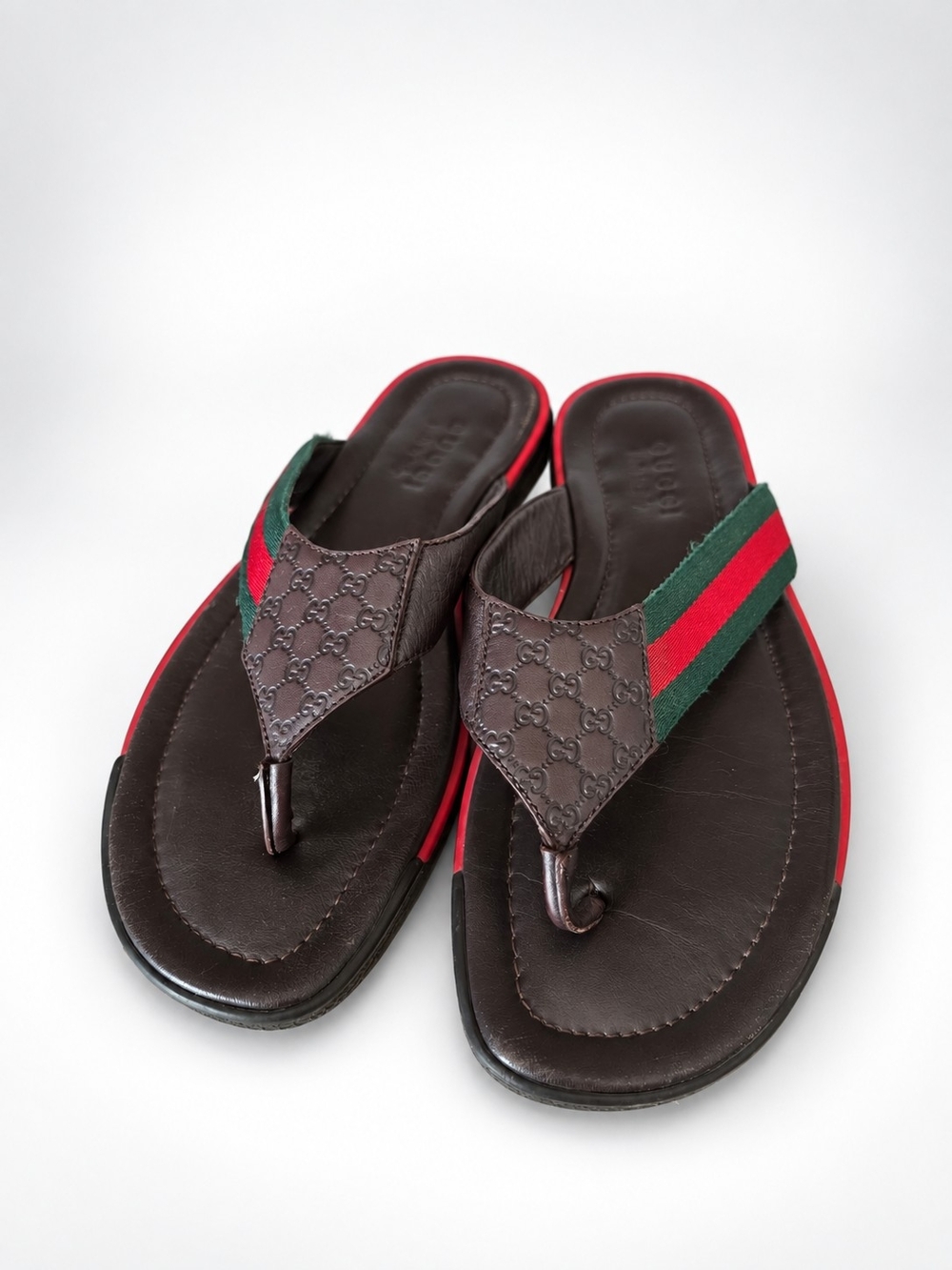Gucci Mens Brown Leather Thong Sandals with Green and Red Stripes